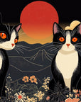 Papier peint animaux - trois chats noirs devant une lune rouge