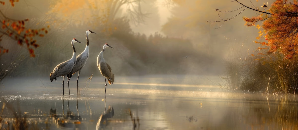 Papier peint animaux - grues cendrées au bord de l'eau