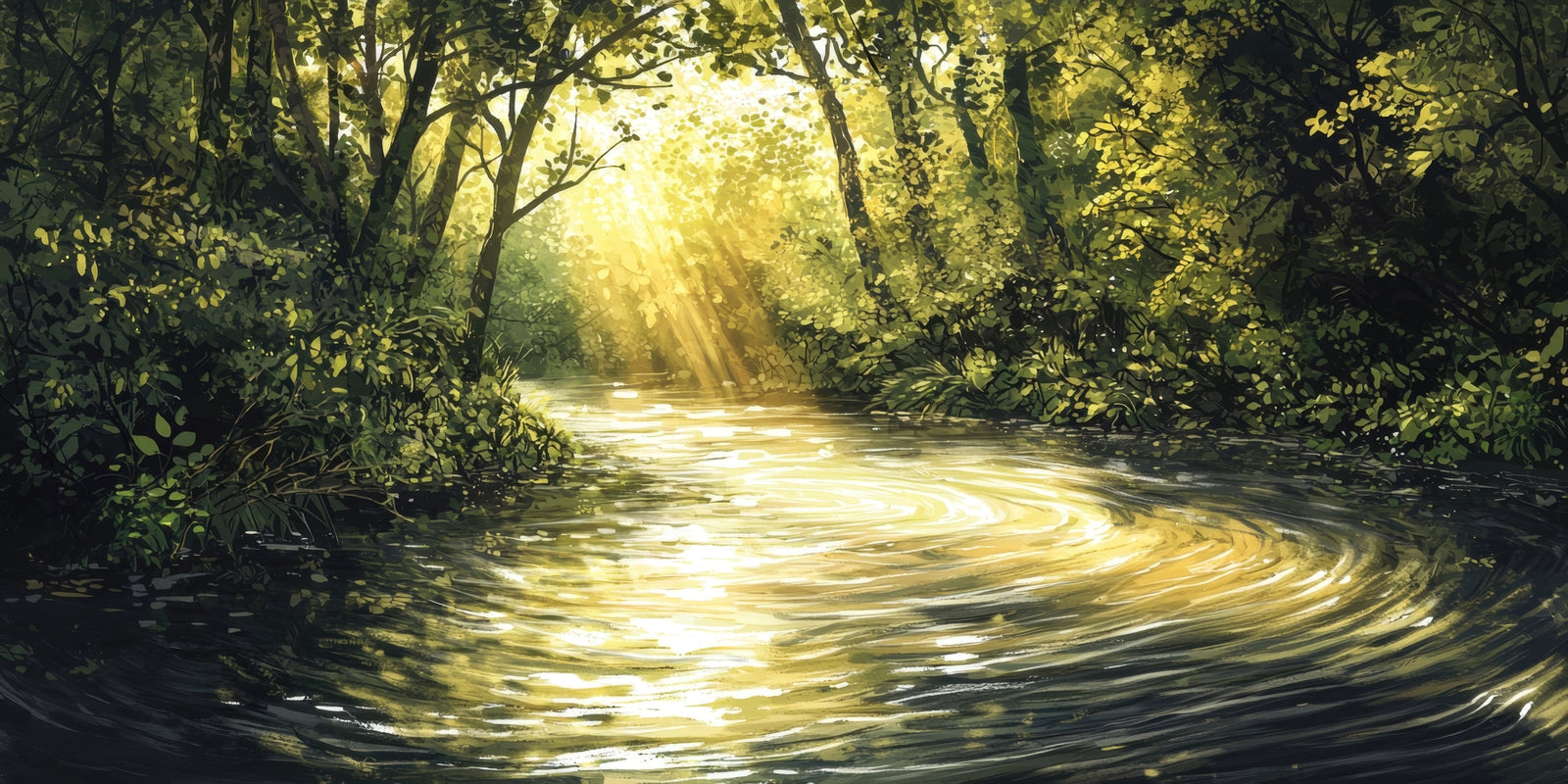 Papier peint cascades - torrent illuminé sous bois