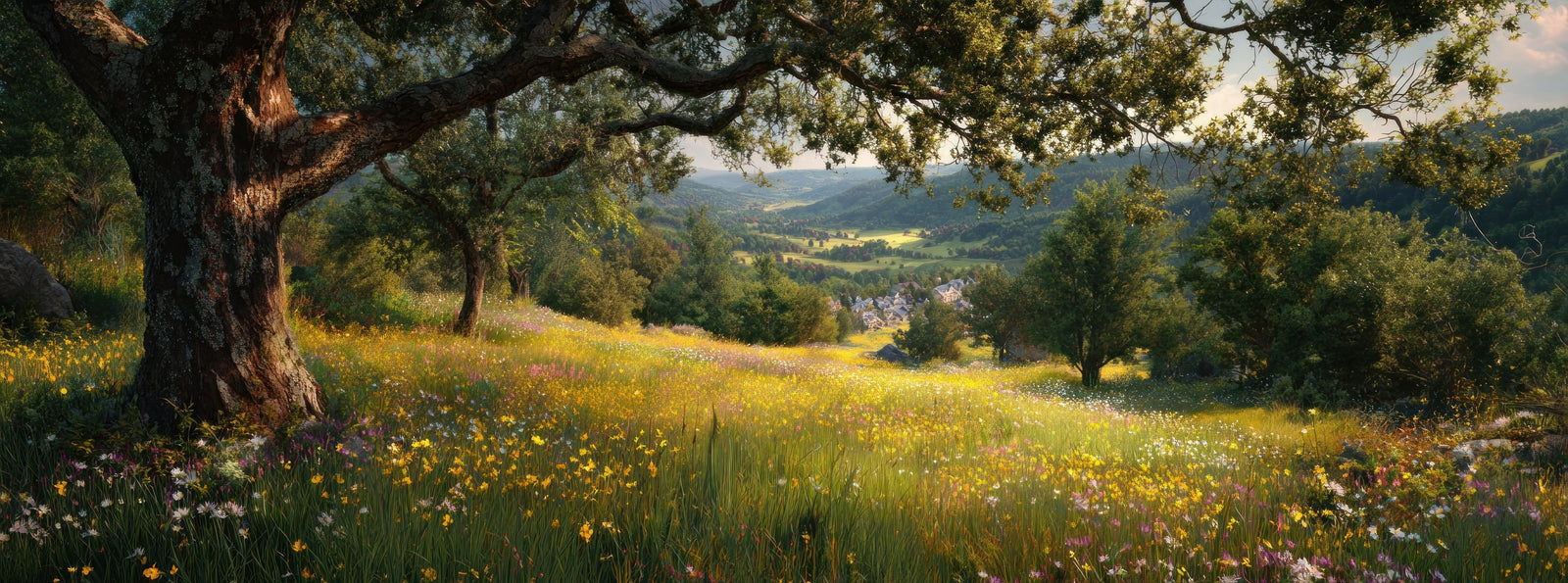 Papier peint campagne - chêne majestueux au soleil