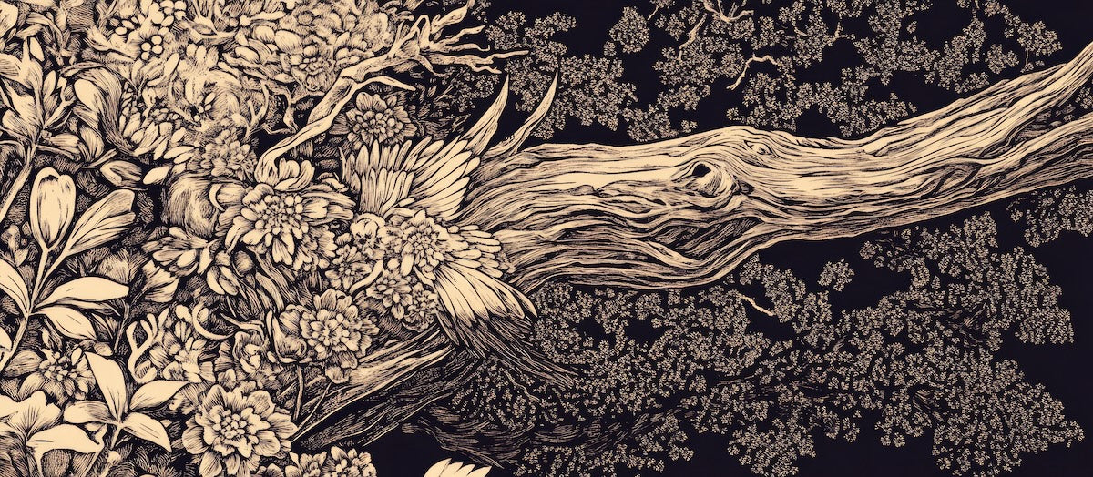 Papier peint nature - croquis de forêt et feuillage dense sombre