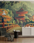 Papier Peint Japonais - Étang Et Temple Dans La Forêt