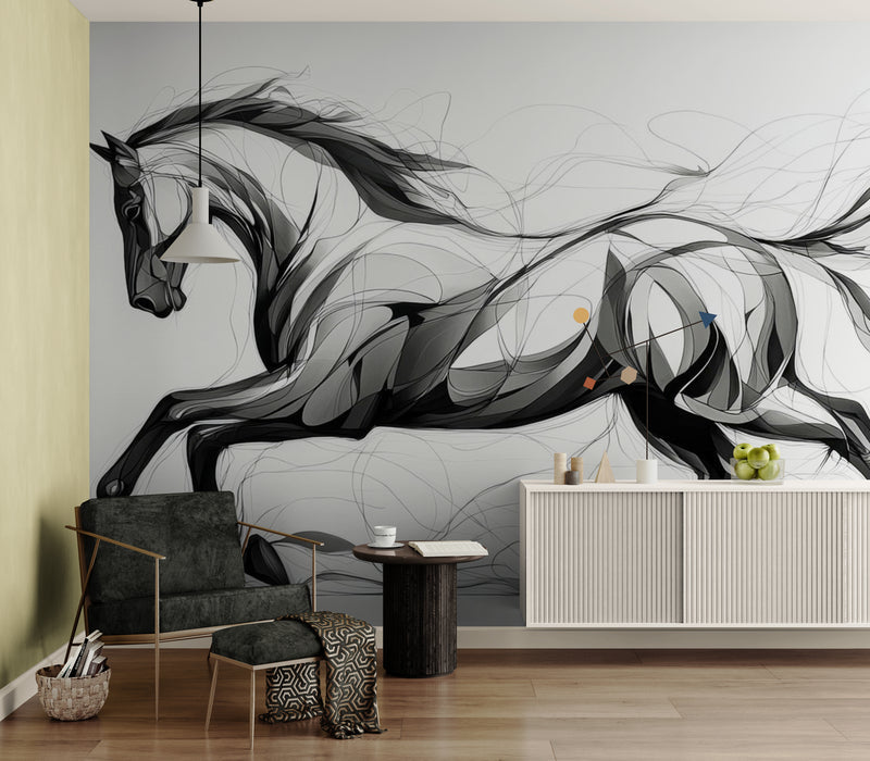 Papier Peint Illustration - Cheval Noir Et Blanc