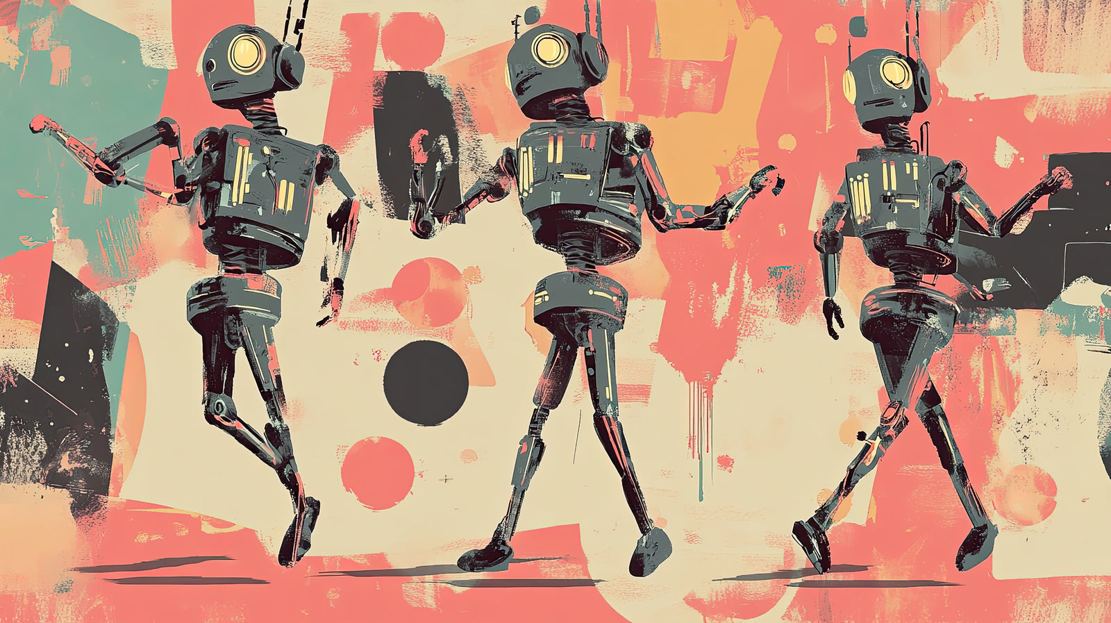 Art Wallpaper – Three Retro Robots on a Colorful Background