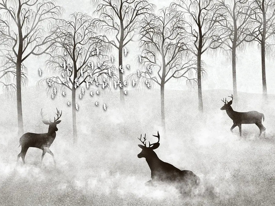 Black and White Wallpaper - Misty Forest and Deer