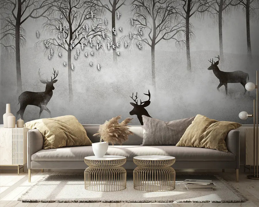 Black and White Wallpaper - Misty Forest and Deer