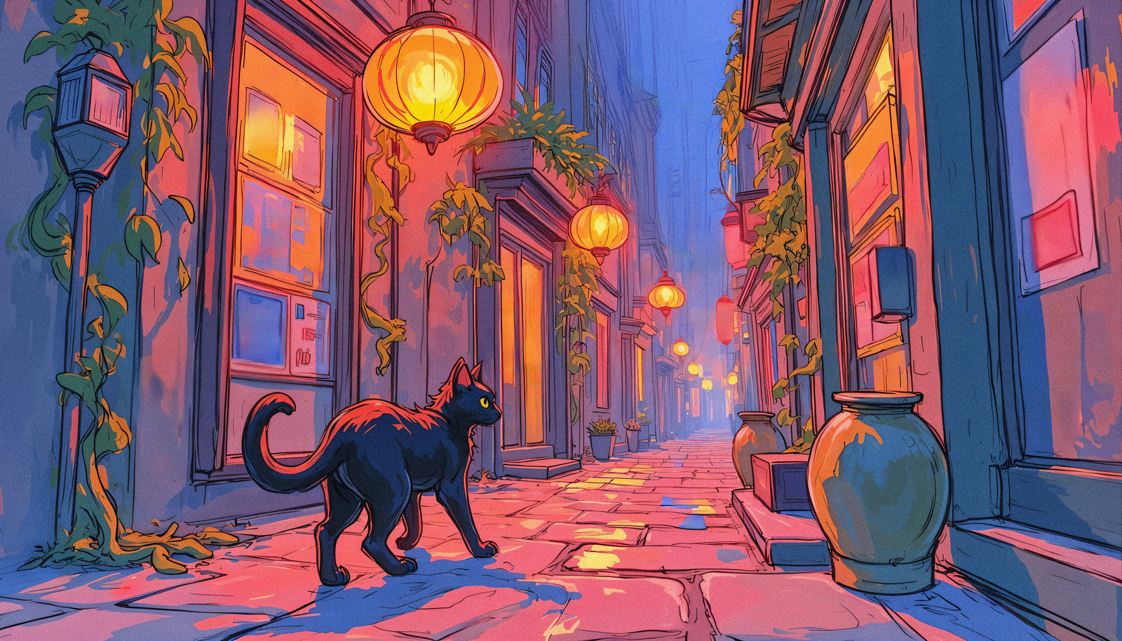 Wallpaper Illustration – Black cat in alley and lanterns