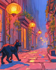 Wallpaper Illustration – Black cat in alley and lanterns