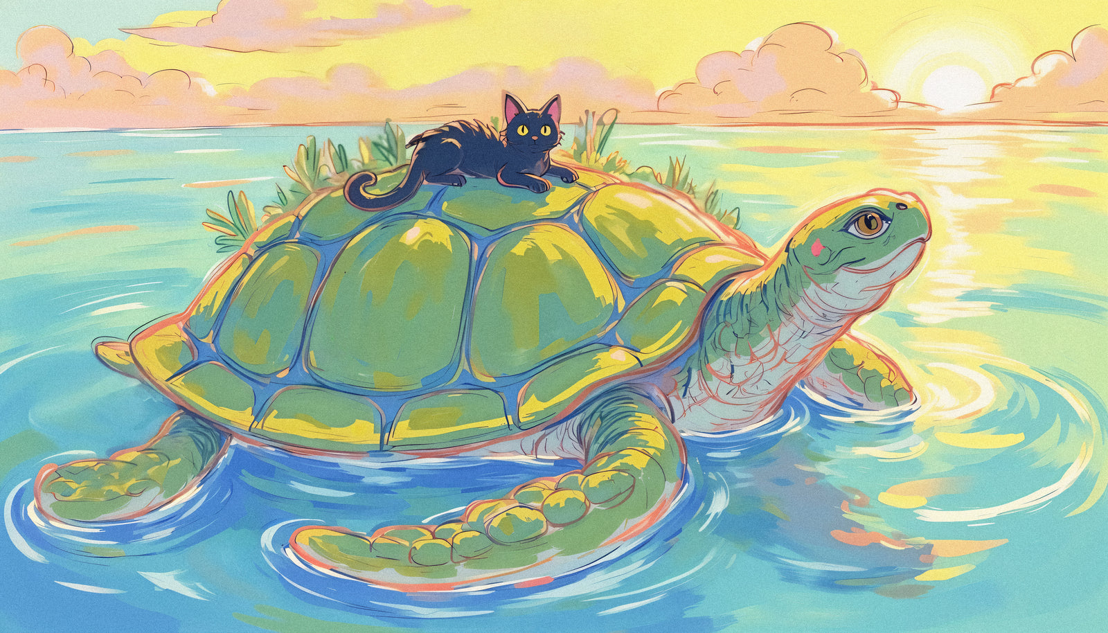 Fantasy Wallpaper – Black Cat on Sea Turtle
