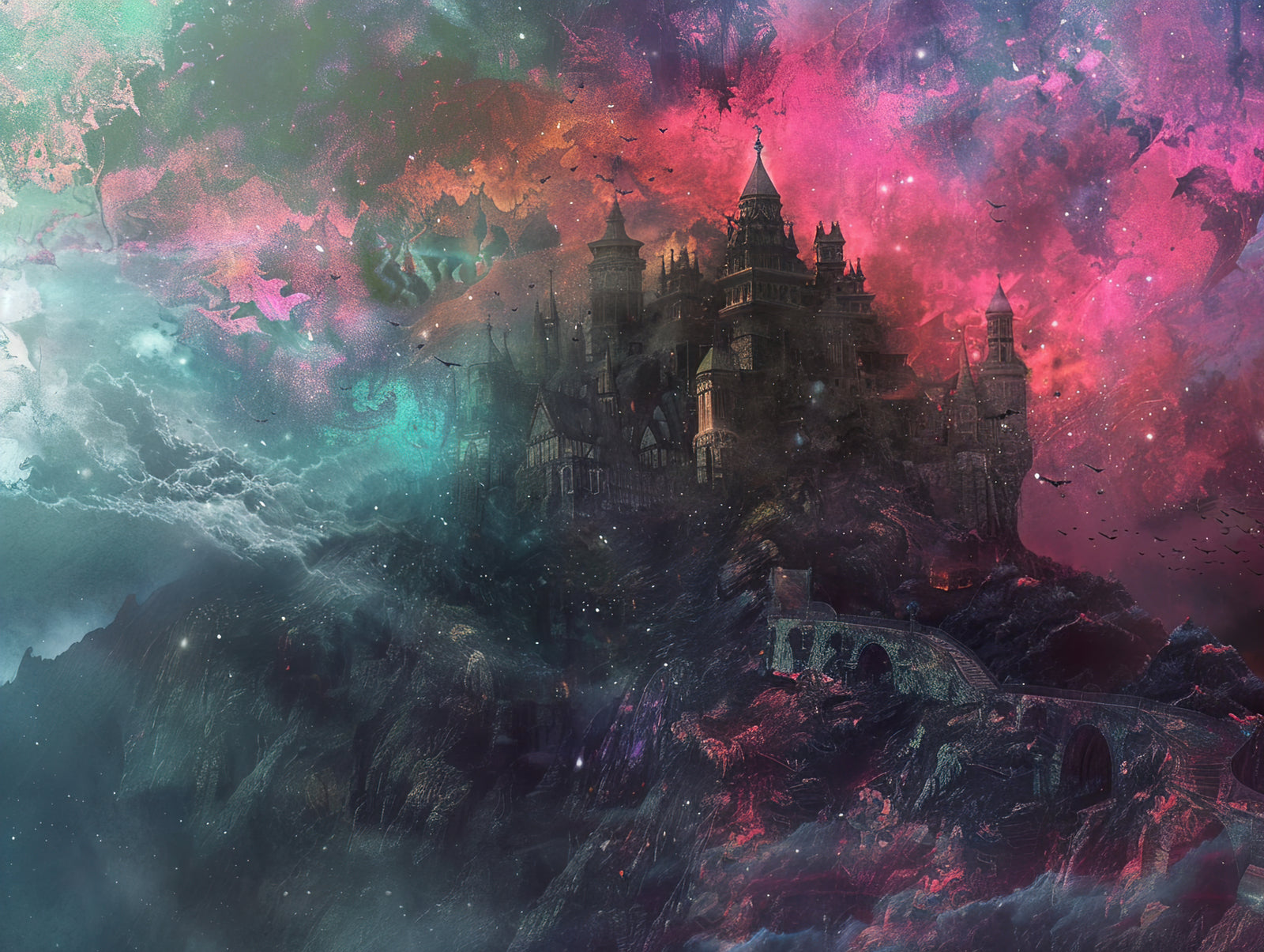 Papier peint Fantaisie – château et nébuleuse mystique