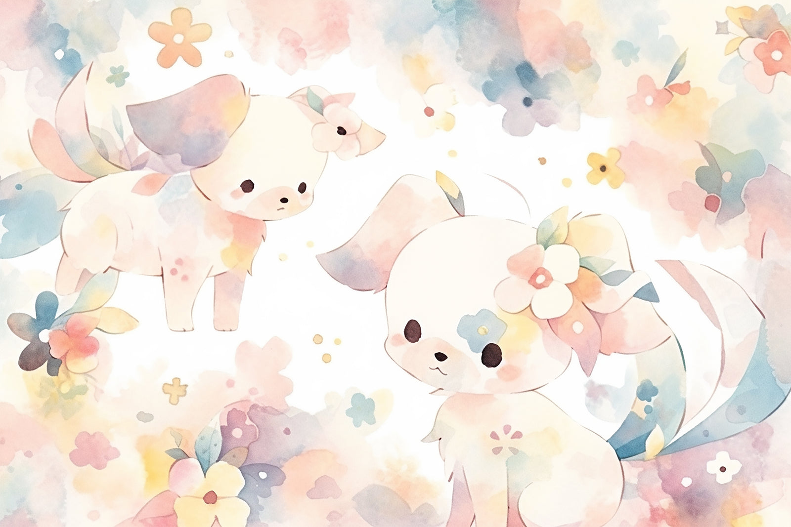 Papier peint Enfant – Chiots mignons et fleurs aquarelle