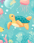Patterned wallpaper – Turtles and jellyfish on a blue background
