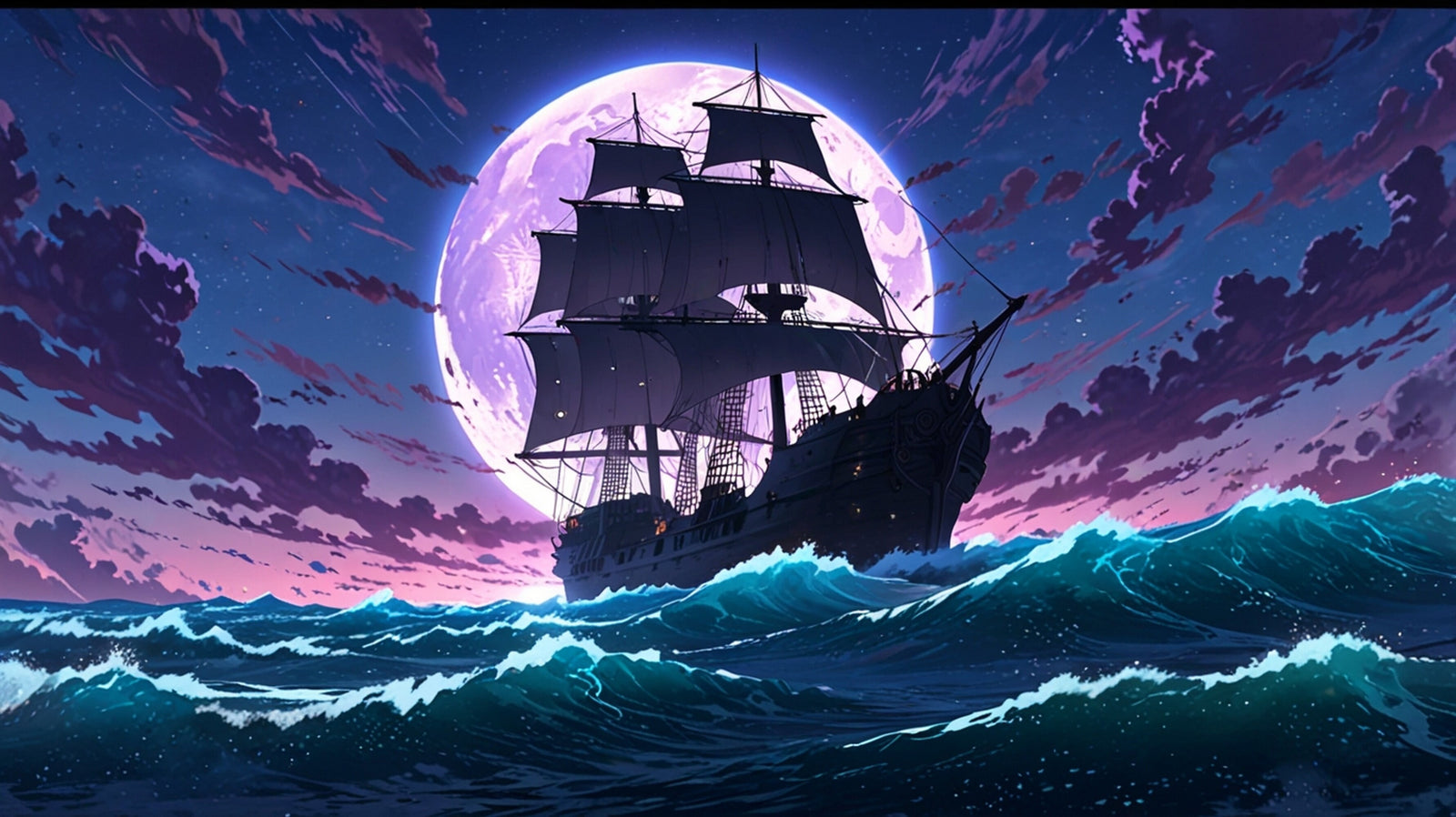 Papier peint Fantaisie – navire sous lune violette