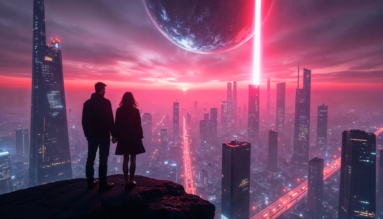 Science fiction wallpaper – Futuristic city with neon and red lasers