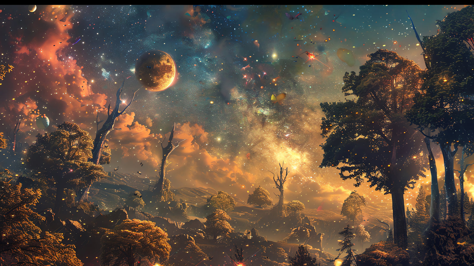 Papier peint Fantaisie – forêt céleste aux astres