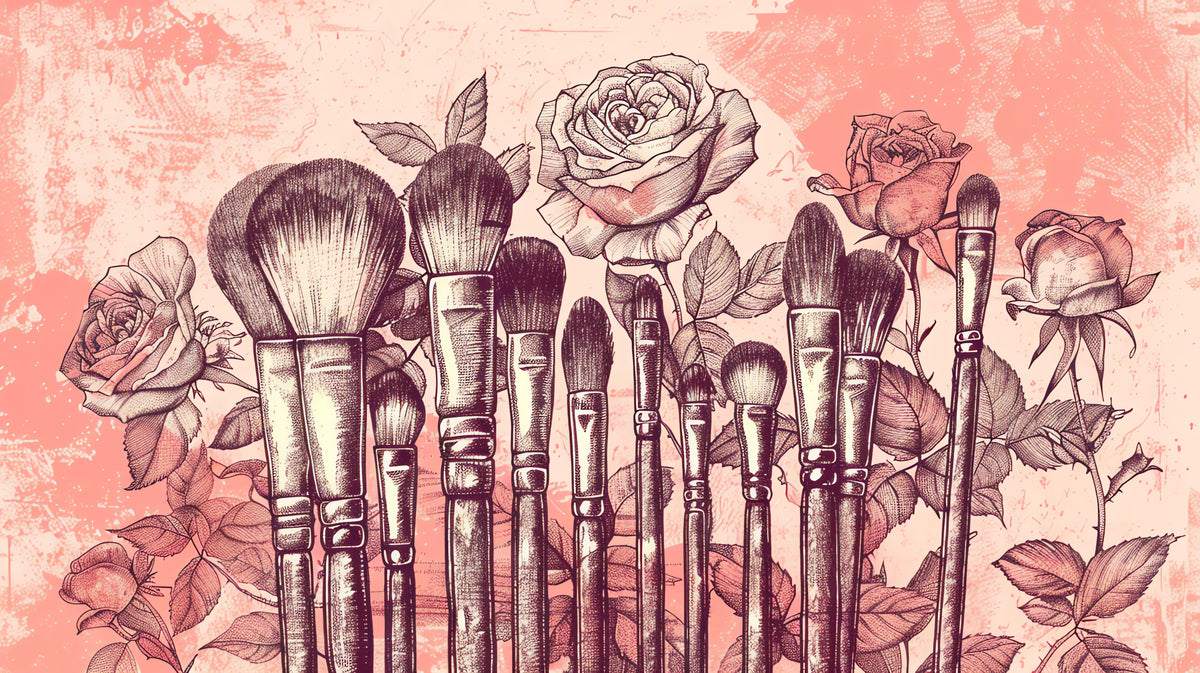 Papier peint beauté - Pinceaux de maquillage et roses dessinés