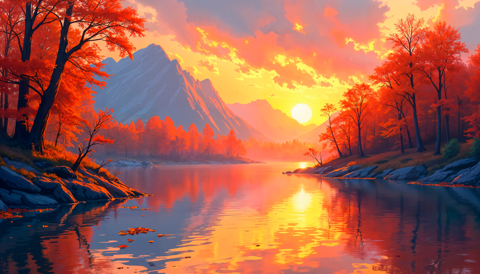 Landscape wallpaper – autumn lake at sunset