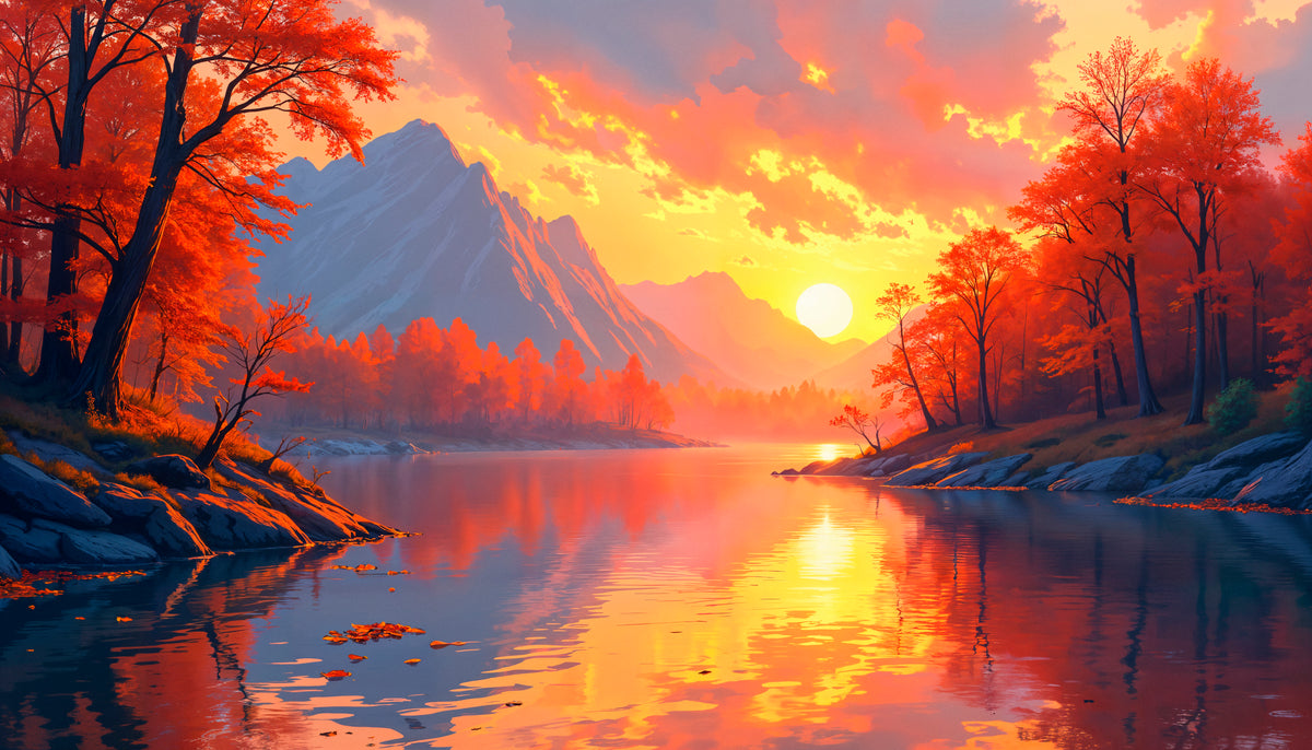 Behang met landschap - Herfstmeer bij zonsondergang