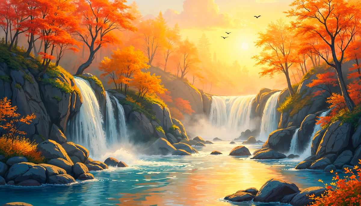 Papier peint paysage - Cascades en forêt automnale dorée