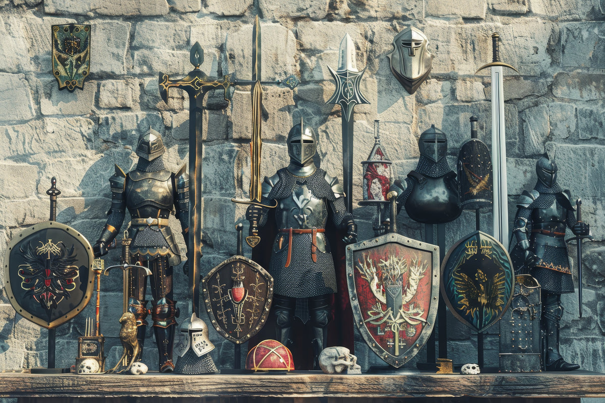 Papier peint médiéval - Armures de chevaliers devant un mur de pierre