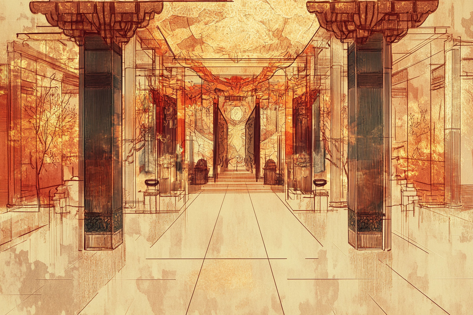 Architecture wallpaper – antique hall with golden columns