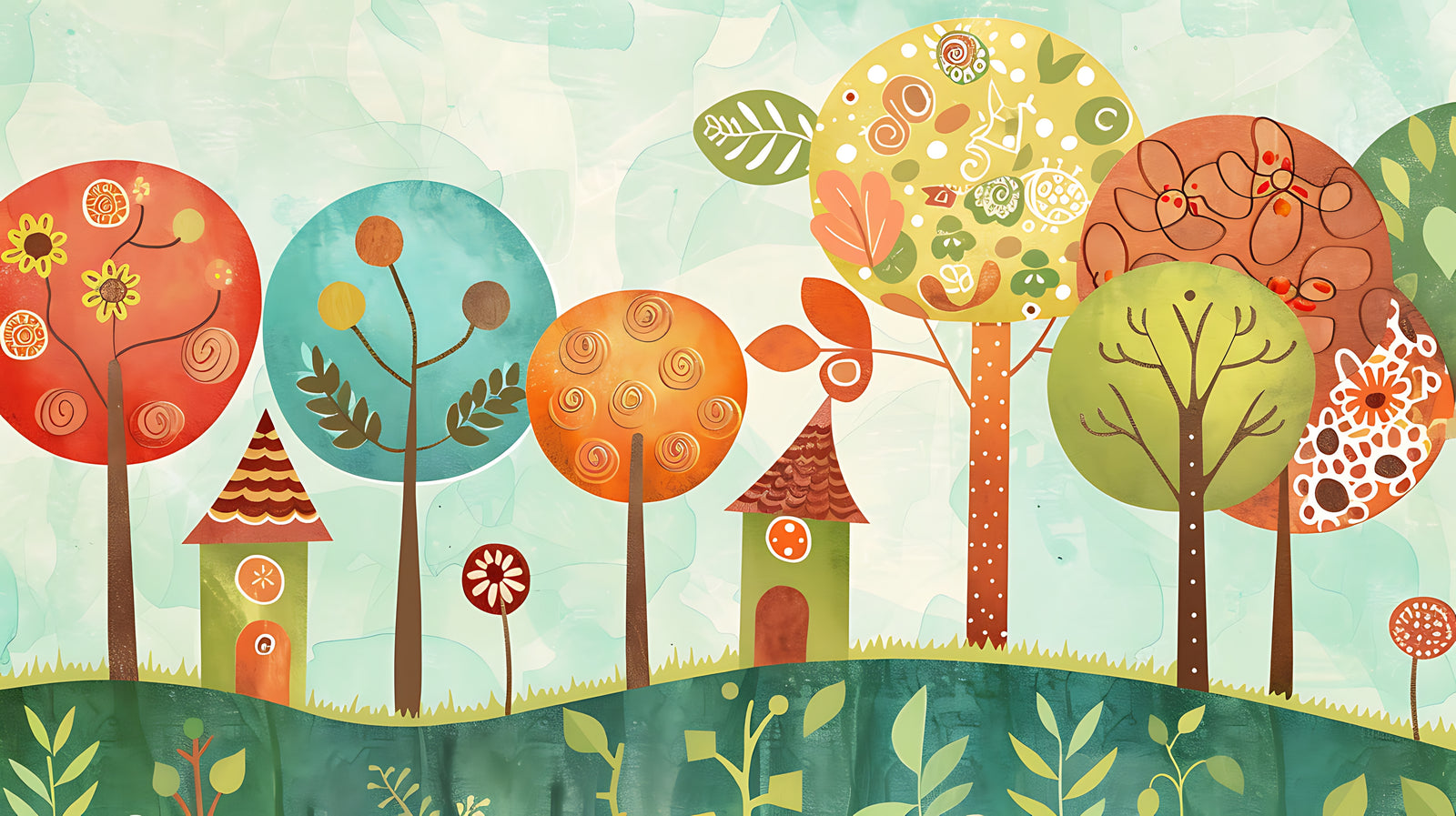 Wallpaper Illustration – Colorful Round Trees and Little Houses