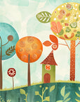 Papier peint Illustration – Arbres ronds colorés et maisonnettes