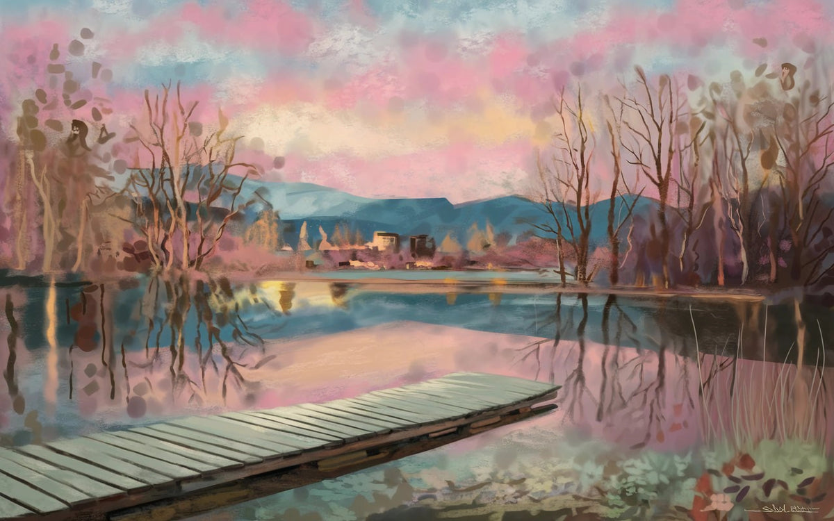 Papier peint paysage - Lac et montagnes sous un ciel rose