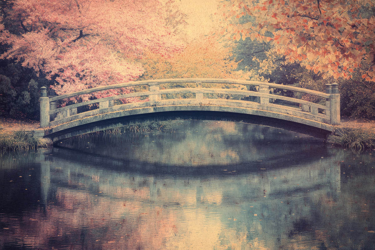 Illustrierte Tapete – Brücke in einem Park im Herbstkleid