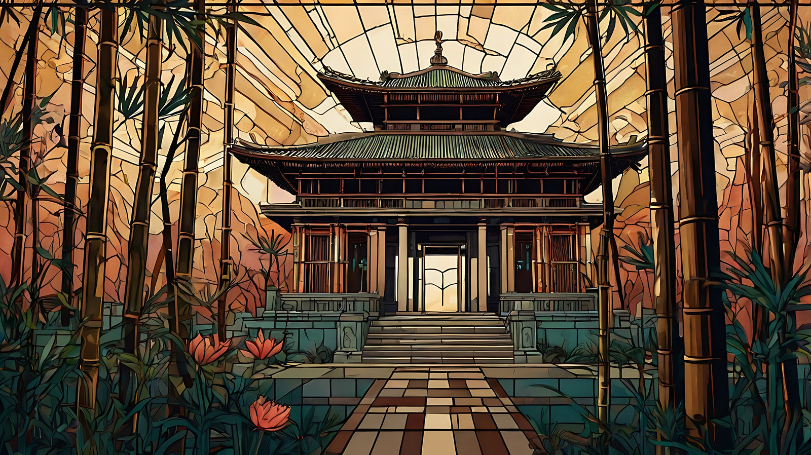 Artistic wallpaper – Asian temple and golden bamboo