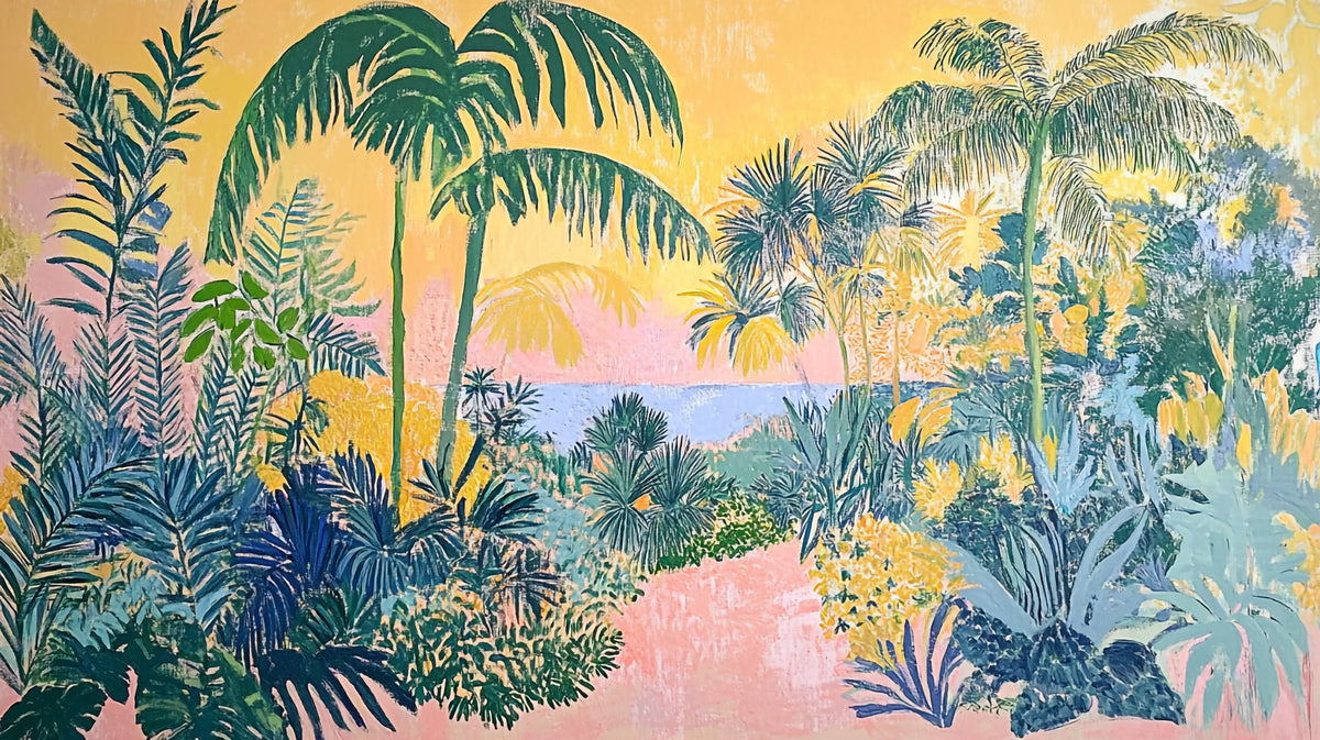 Papier peint tropical - Palmiers et océan pastel