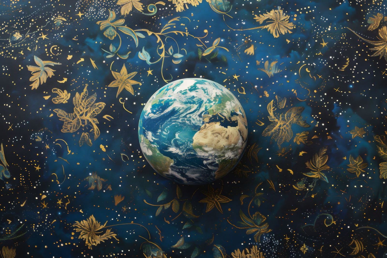Papier peint Cosmique – planète Terre et motifs floraux