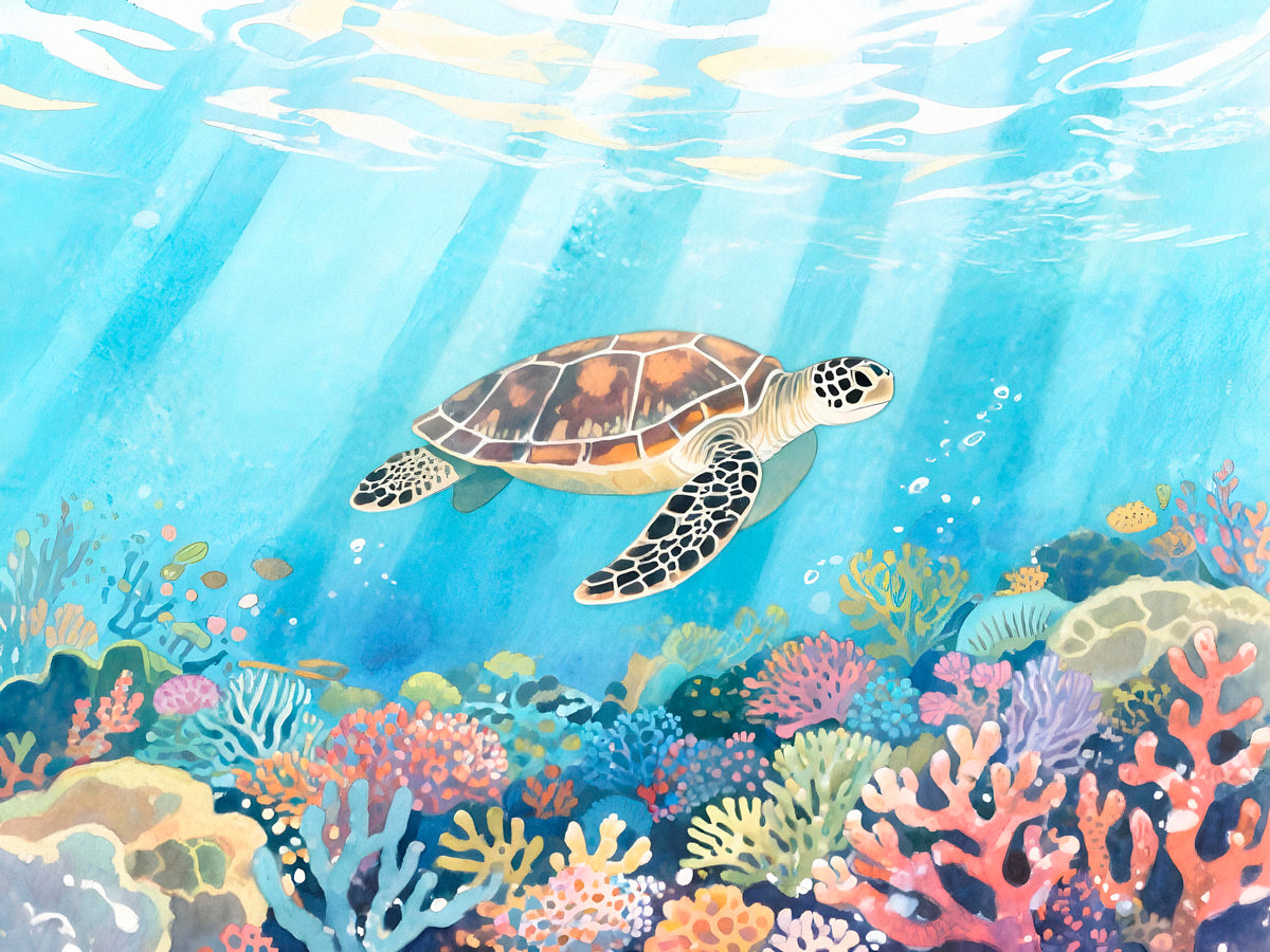Papier peint nature - Tortue marine et récif corallien
