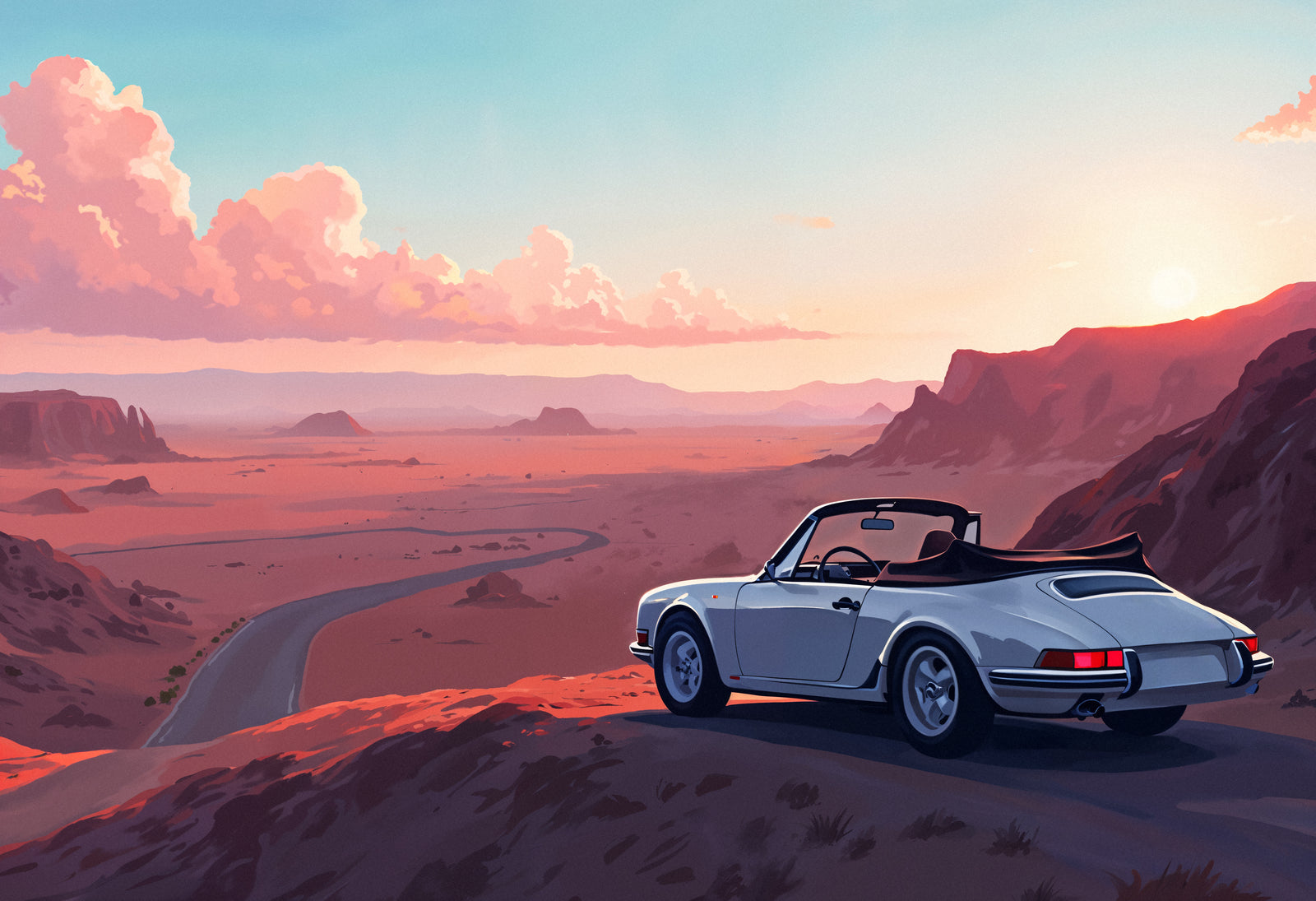 Vintage wallpaper – white car at sunset