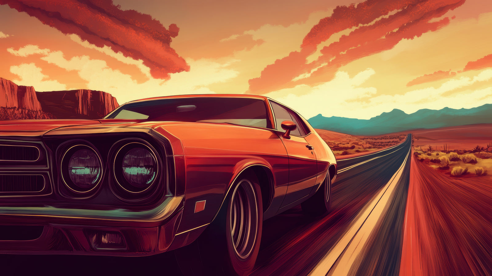 Vintage wallpaper – orange car on a desert road