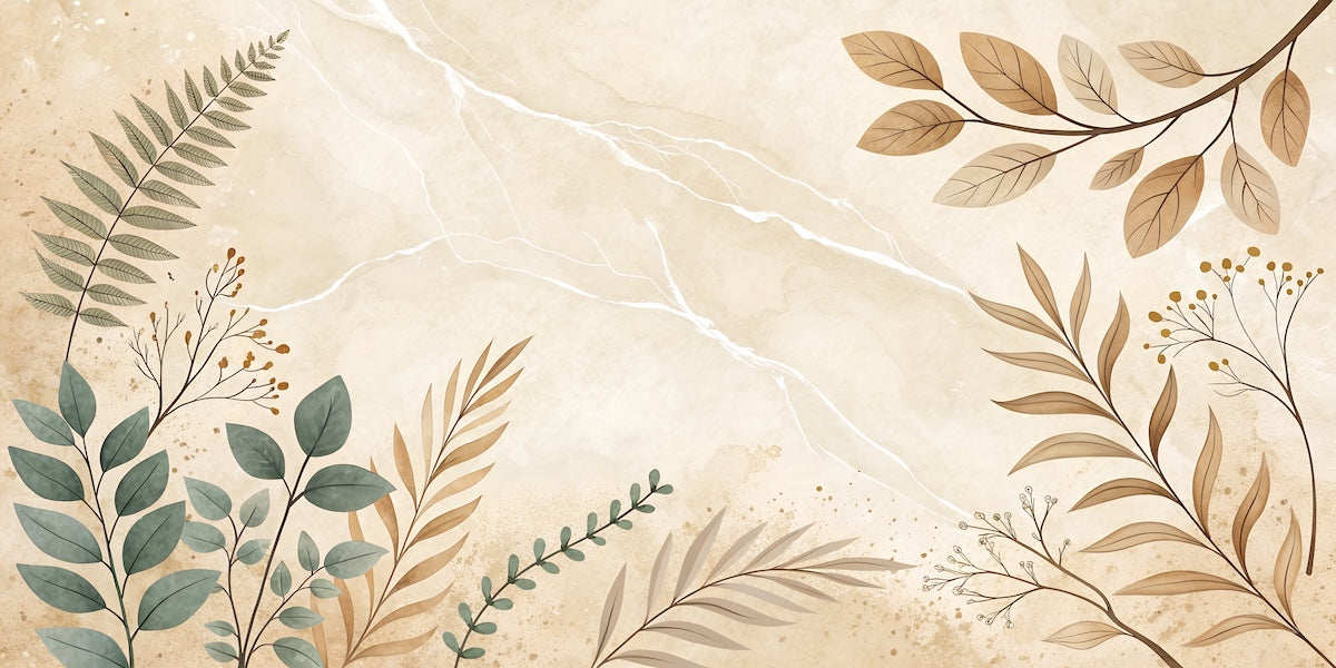 Papier peint nature - croquis de fougères et feuilles séchées