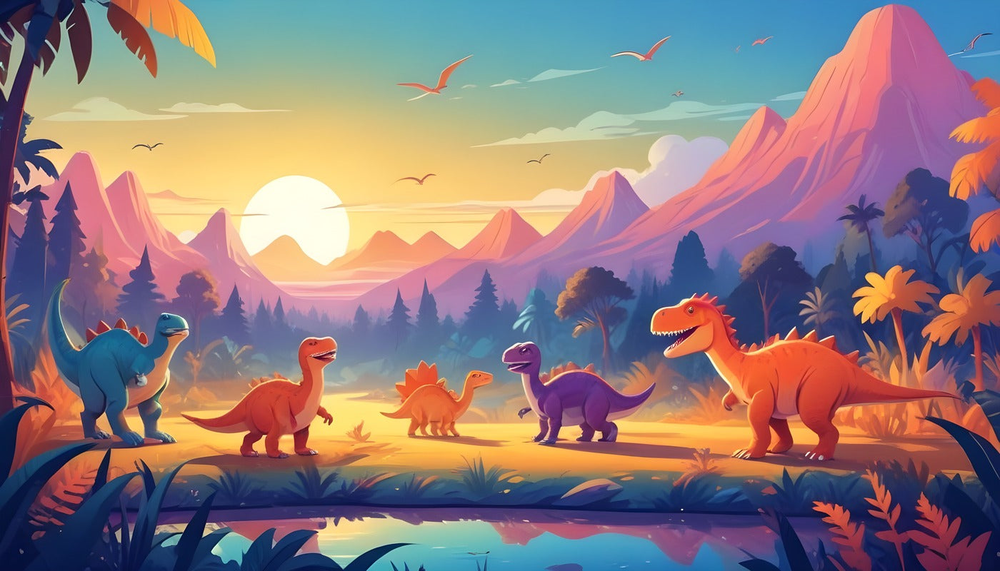 Papier Peint Enfant - Coucher De Soleil Dinosaures