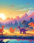 Papier Peint Enfant - Coucher De Soleil Dinosaures