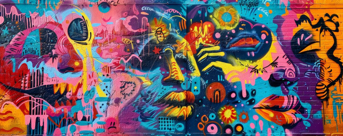 Papier peint graffiti - visages pop art multicolores imbriqués