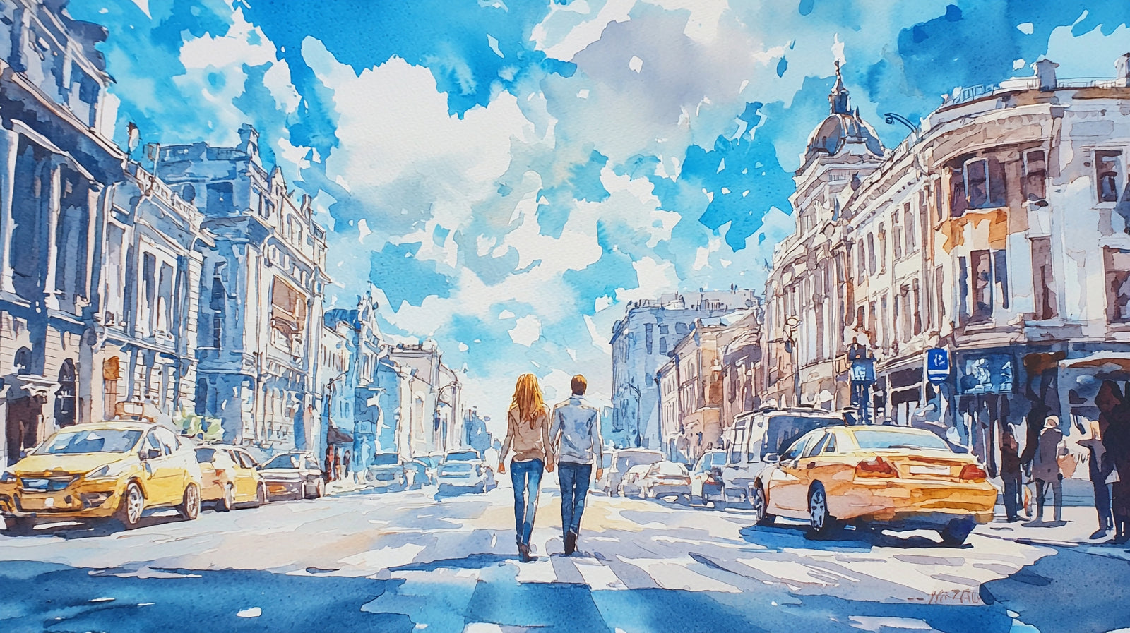 Watercolor Wallpaper – Sunny Urban Street Scene