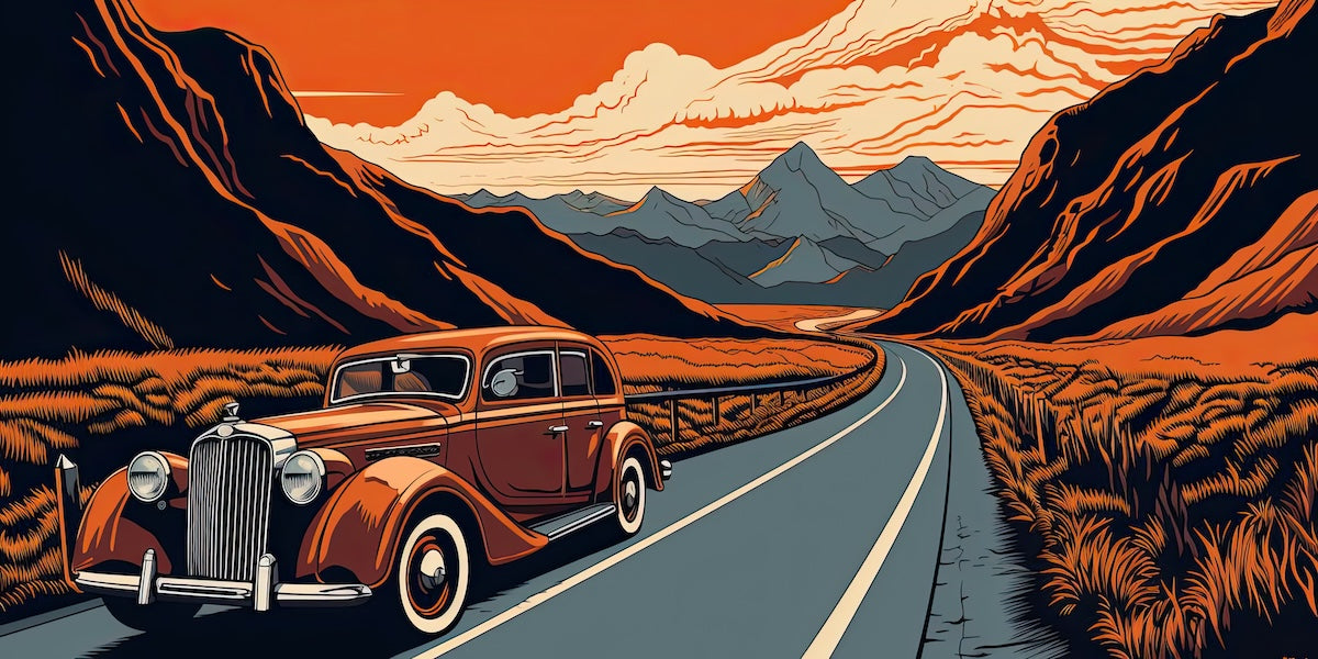 Papier peint voitures - limousine vintage sur route de montagne