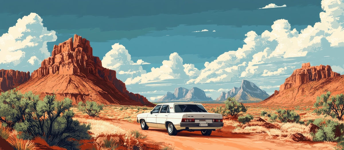 Papier peint voitures - voiture rétro sur fond de canyon désertique