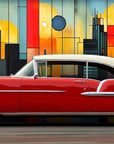 Papier peint voitures - coupé classique rouge devant des formes géométriques