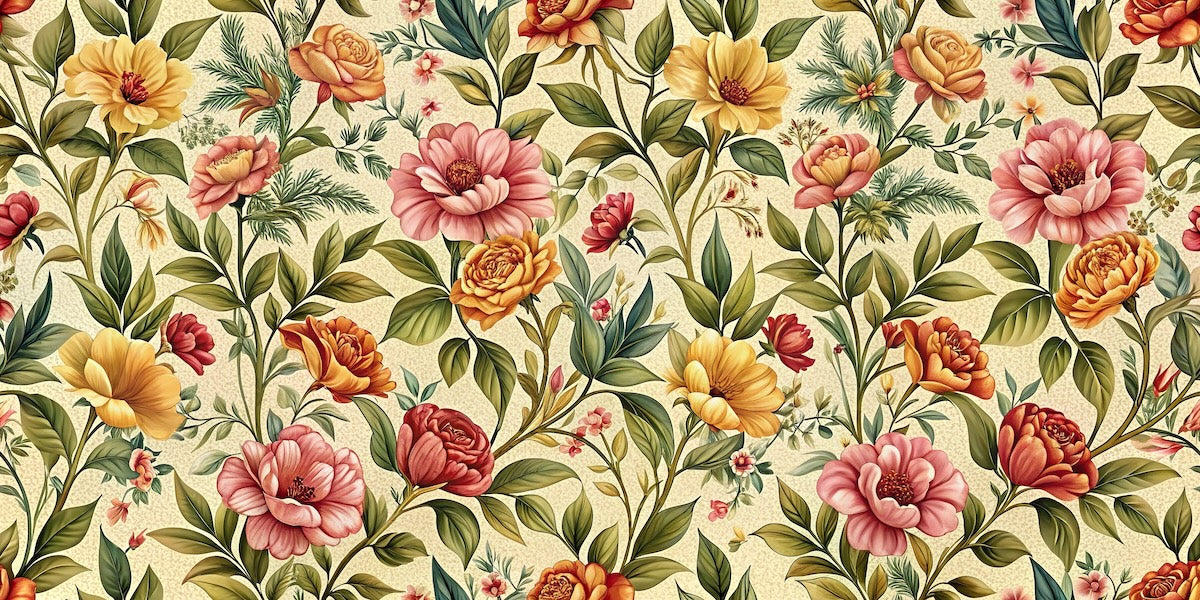 Papier peint fleuri - tapisserie vintage ocre