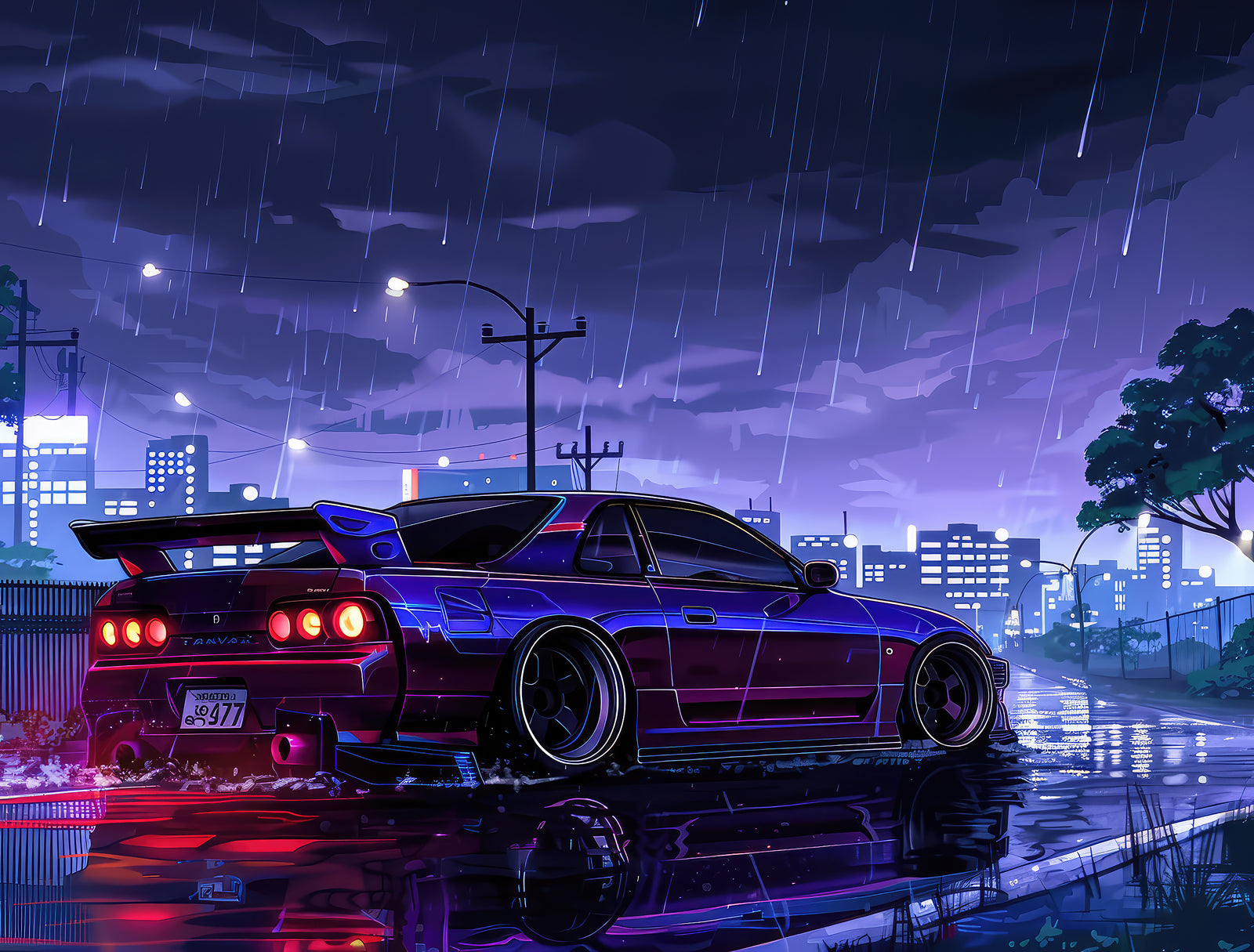 Nighttime Wallpaper – Neon Tuning Car in the Rain