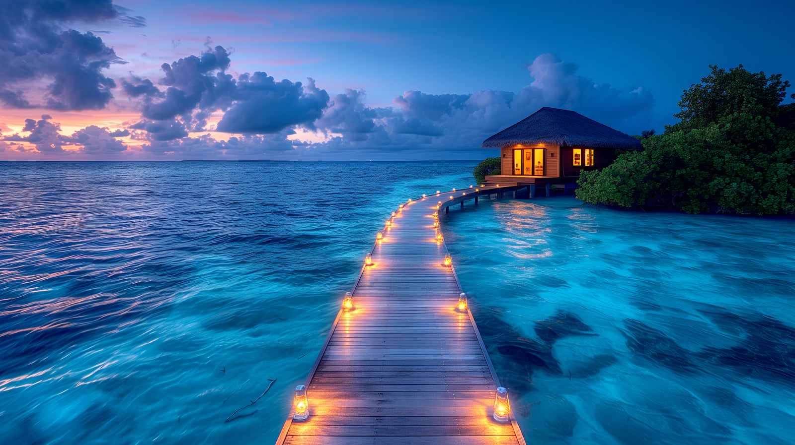 Papier peint exotique – Bungalow océan turquoise coucher soleil