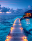 Exotic wallpaper – Turquoise ocean bungalow at sunset