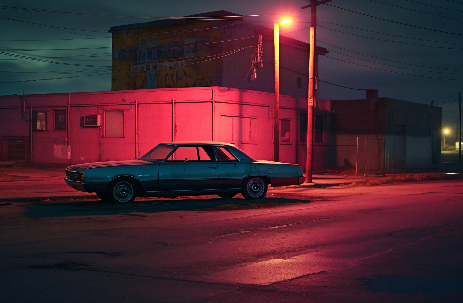 Urban Wallpaper – Retro Car Under Red Neon