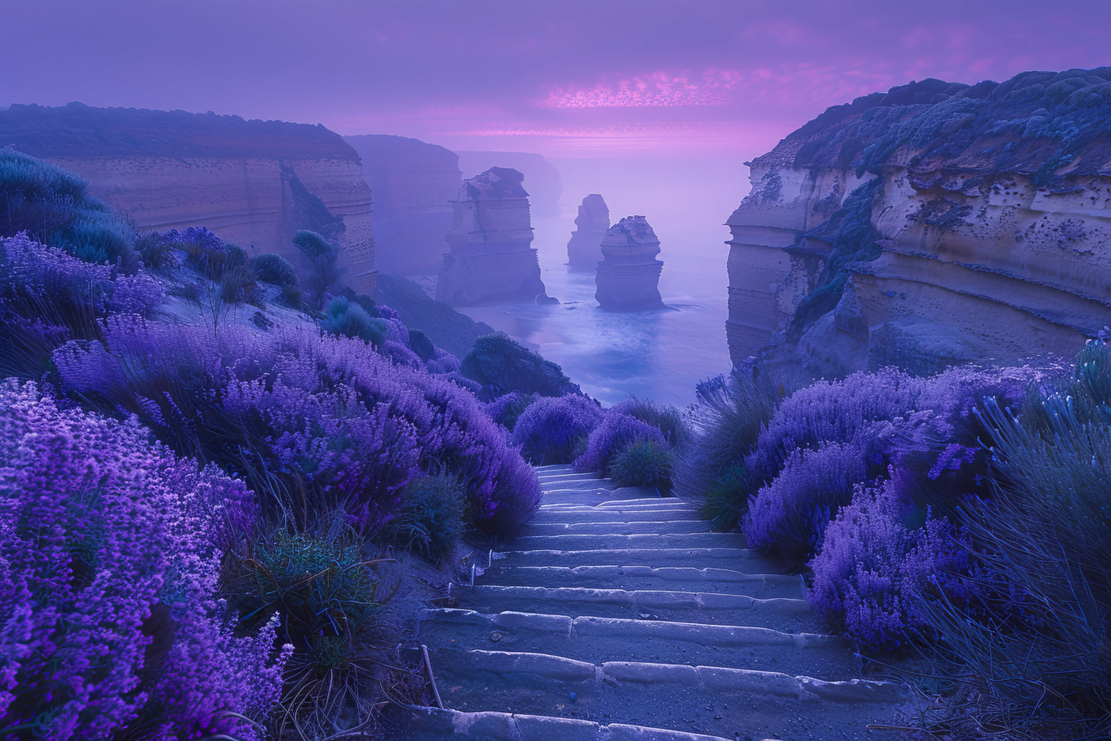 Landscape Wallpaper – Purple Cliffs and Misty Sea