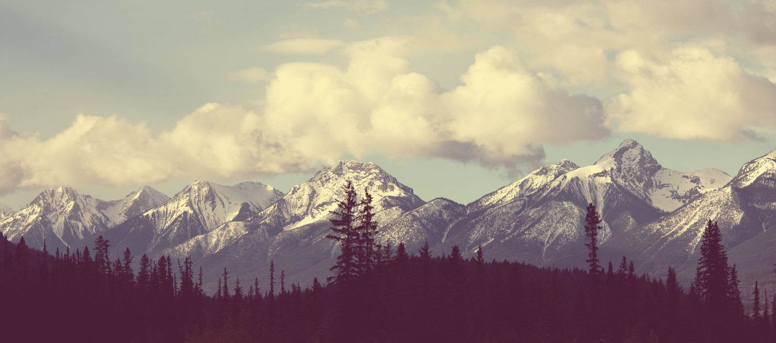 Landscape Wallpaper – Vintage Mountain Range, Forest, and Clouds